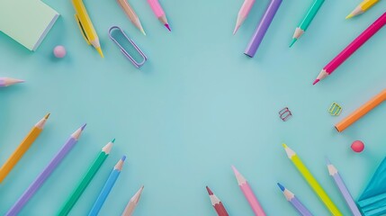 Fototapete - School stationery color pencils paints notepad on blue table Back to school background Kids desk top view : Generative AI