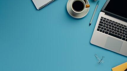Poster - Minimal work space  Creative flat lay photo of workspace desk Top view office desk with laptop notebooks and coffee cup on blue color background Panoramic banner background with copy s : Generative AI
