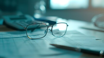 Fototapete - Desk of bookkeeper with balance sheet and calculator on desk focused on eyeglass nobody : Generative AI