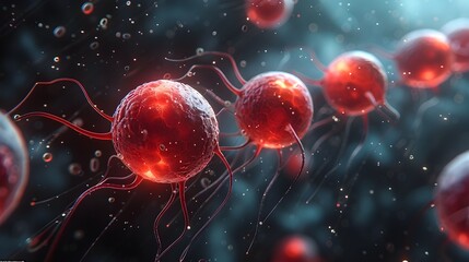 Leinwandbilder - Detailed Microscopic View of Vibrant Blood Cells and DNA Structures in a Scientific Laboratory Setting