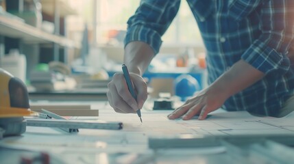Aufkleber - Architect or engineer working on building blueprint contractor designing and drawing blueprint layout with tool for construction project Civil engineer and architecture design concept  : Generative AI