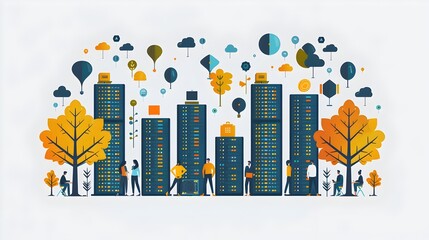 Aufkleber - Stylized Cityscape with Skyscrapers and People in Minimal Trendy Design
