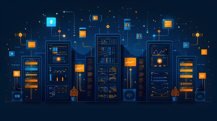 Aufkleber - Futuristic Digital Technology Landscape with Server Concept and Data Analytics Infographics