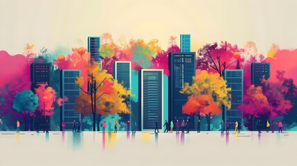 Aufkleber - Vibrant Cityscape with Geometric Architecture and Vibrant Color Palette Against Backdrop of Lush Foliage