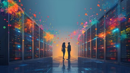 Leinwandbilder - Futuristic Data Server Concept with Silhouetted Figures in Minimal Glowing Environment