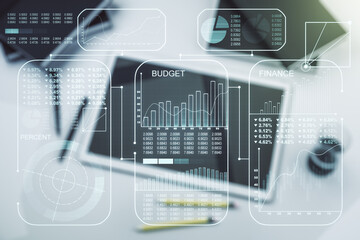 Poster - Multi exposure of abstract graphic data spreadsheet sketch and modern digital tablet on desktop on background, top view, analytics and analysis concept