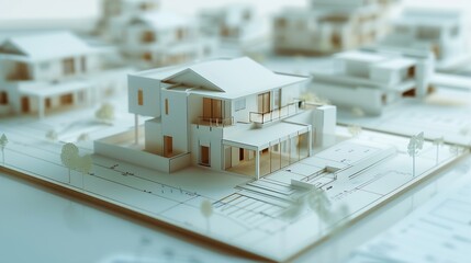 Poster - architectural model of houses on blueprint draw isolated on white background banner layout with copy space for building construction plan or real estate sale Image usable for concept o : Generative AI