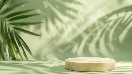 Poster - Cosmetics product advertising stand Exhibition wooden podium on green background with palm leaves and shadows Empty pedestal to display product packaging Mockup : Generative AI