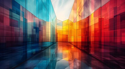 Aufkleber - Striking Futuristic Architecture with Vibrant Geometric Reflections in Sleek Urban Cityscape