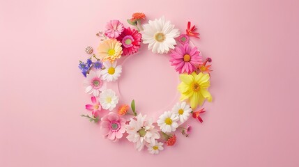 Aufkleber - Creative layout made of colorful spring flowers in the paper circle Pastel pink  background Spring summer or garden concept Copy space Flat lay : Generative AI