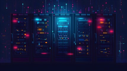 Aufkleber - Sleek and Futuristic Server Rack Architecture Concept in Vibrant Neon Lighting