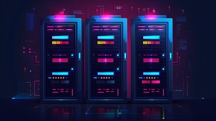 Leinwandbilder - Futuristic Data Server Rack Design in Vibrant Neon Colors description This image presents a visually striking and futuristic design of a data server