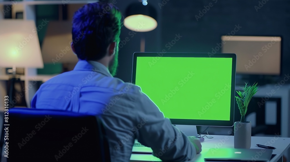Male employee looks at greenscreen on laptop display checking isolated ...