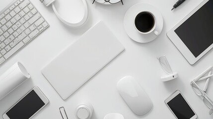 Leinwandbilder - White hipster office desk table with computer supplies smartphone cup of coffee and office things Top view with copy space flat lay : Generative AI