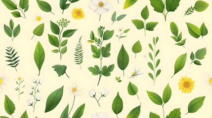 Aufkleber - Collage of Diverse Green Leaves Flowers and Natural Elements in Flat Design Graphic
