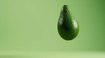 Poster - Ripe fresh avocado flying on green background Haas variety avocado isolated copy space banner size : Generative AI