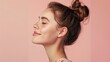 © NickArt - Slavic girl with a hair bun and perfect glowing skin skincare happily smiling in half profile on light neutral pastel pink background