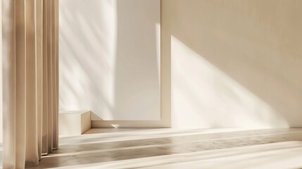 Aufkleber - Neutral modern empty room with sunlight shadow white blank wall background beige linen curtain stone floor or tabletop aesthetic minimalist interior design template : Generative AI