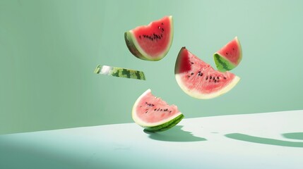 Poster - Ripe and juicy watermelon falling in the air isolated on a pastel green background Creative food concept Fresh exotic fruit composition : Generative AI