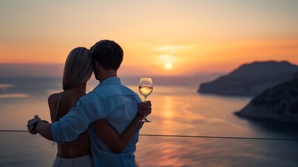 Wall Mural - A hugging holiday couple enjoys the beautiful summer sunset over the mediterranean sea with a glass of wine : Generative AI