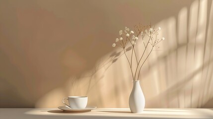 Poster - Creative composition of white vase with dry flowers and cup of coffee on brown and pastel beige background An original background image with a play of light and shadow Minimal concept : Generative AI