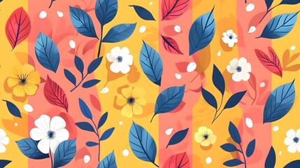 Poster - Vibrant Floral Pattern with Colorful Leaves Petals and Blossoms in Stylized Botanical Design