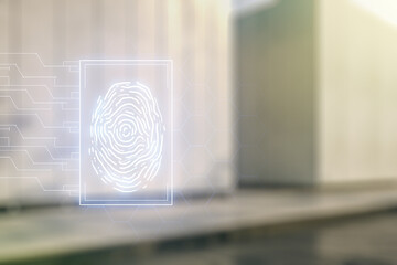 Aufkleber - Abstract virtual fingerprint illustration on blurry contemporary office building background, personal biometric data concept. Multiexposure
