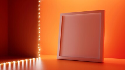 Poster - White empty frame in orange solid color studio scene white lights Halloween background Product display mockup design : Generative AI
