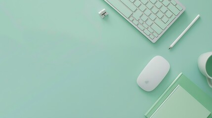 Leinwandbilder - Minimal work space  Creative flat lay photo of workspace desk Top view office desk with keyboard mouse and book on pastel green color background Top view with copy space flat lay photo : Generative AI