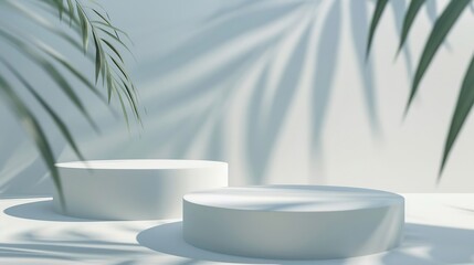 Poster - White empty stands on light background with palm shadows overlay Abstract podium product display : Generative AI
