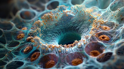 Poster - Intricate Microscopy of Vibrant Animal Cell Structure Revealing Captivating Organic Patterns and Depth of Scientific Inquiry