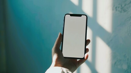 Poster - Phone in hand with social media app mockup on its screen : Generative AI