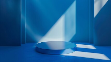 Poster - Blue background for product presentation with shadows and light Empty round podium Mockup : Generative AI