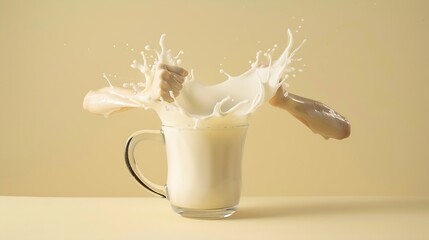 Poster - Creative layout made with glass cup of milk milk splash and milk arm muscles on light pastel cream background Minimal concept Trendy food and drink idea Milk aesthetic background compo : Generative AI