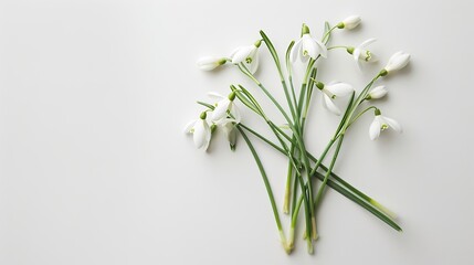 Poster - Snowdrop spring first flowers bouquet isolated on white background Hello spring Creative layout Top view flat lay Design element Springtime greeting card Easter holiday concept : Generative AI