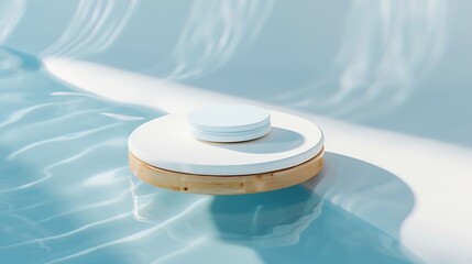 Poster - Beauty cosmetics product presentation scene made with wooden pedestal floating blue water Top view backdrop : Generative AI