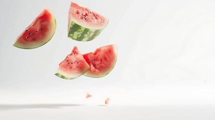 Poster - Fresh raw watermelon falling in the air isolated on white background Food levitation or zero gravity conception igh resolution image : Generative AI