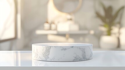 Wall Mural - Marble white podium on table for bathing product display on blur bathroom sink background : Generative AI