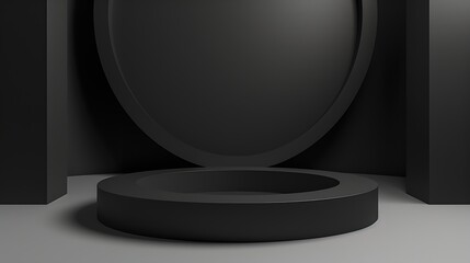 Poster - Empty round geometric shape cylinder podium platform on paper cut abstract pure black minimal geometric shape background Top view mock up for product display : Generative AI