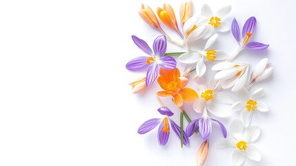 Poster - Snowdrop and crocus spring first flowers bouquet isolated on white background Hello spring Creative layout Top view flat lay Design element Springtime greeting card Easter holiday conc : Generative AI