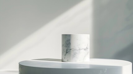 Poster - Minimal Marble Cylinder Podium on the Table with White Tile Wall Texture for Background Suitable for Premium Product Presentation Backdrop Display and Mock up : Generative AI