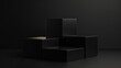 © Generative AI - Three black square stands of different heights on black background Platforms for presentation of products and cosmetics Concept of the beauty industry 3d podium made of geometric shape : Generative AI