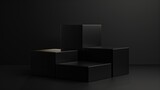 Three black square stands of different heights on black background Platforms for presentation of products and cosmetics Concept of the beauty industry 3d podium made of geometric shape : Generative AI