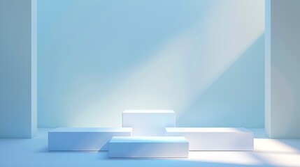 Poster - Abstract surreal scene  empty stage with three rectangle white podiums on pastel blue holographic colored background Pedestal for cosmetic product packaging mockups display presentatio : Generative AI