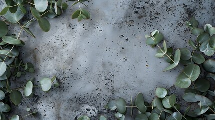 Poster - Eucalyptus leaves on stone table Frame made of eucalyptus branches Flat lay top view copy space : Generative AI