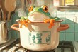 A photo of a frog sitting in a pot on a stove, with steam coming off the top. The frog is looking at the camera with a scared face. 