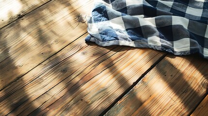Poster - Checkered towel on wooden table Food design layout TPicnic towel on kitchen tabletop : Generative AI