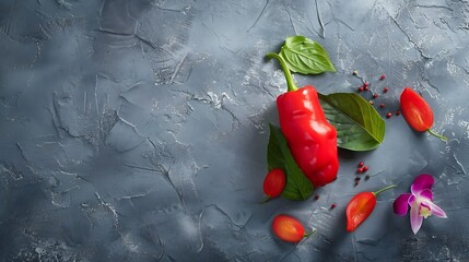 Aufkleber - Red pepper with leaf and flower color card on gray background Food healthy eating and dieting concept Fresh vegetable creative layout Flat lay top view Design element : Generative AI