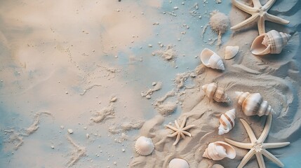 Wall Mural - Sea sand with starfish and shells Top view with copy space : Generative AI