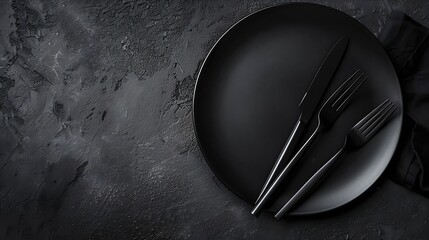 Aufkleber - black empty plate and cutlery fork and knife on a dark textured background The concept of a layout for the design of a restaurant menu website or design Vertical layout of food photos : Generative AI